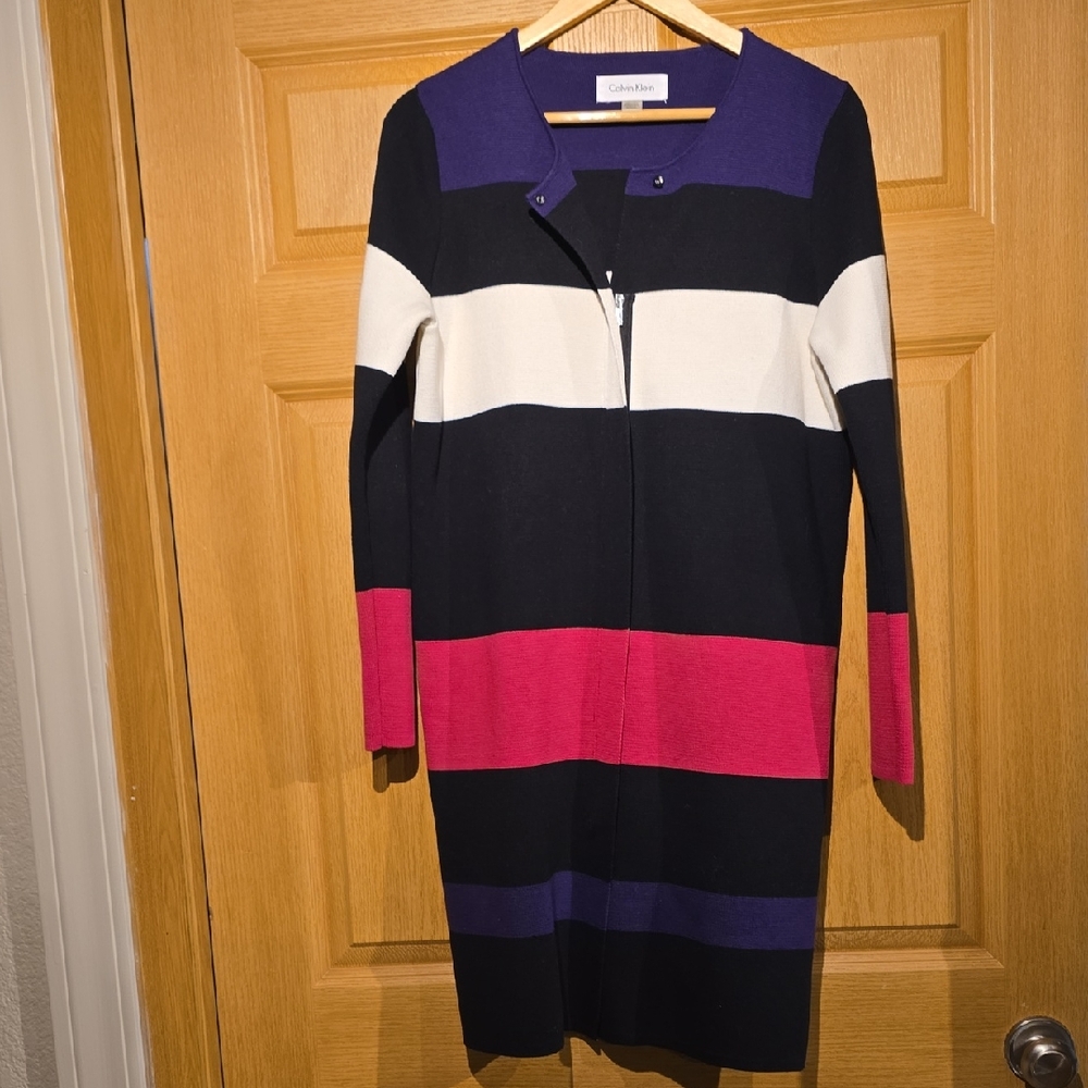 Calvin Klein Long Sleeve Striped Knit Dress — Navy, White & Pink & Purple